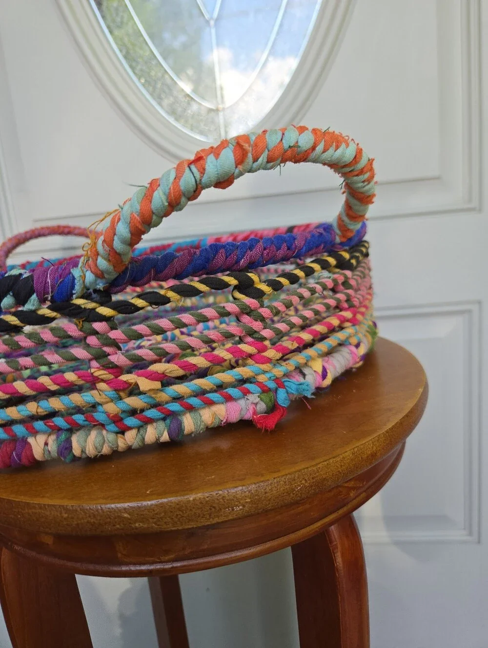 Jute Wrapped Tray Basket Recycled Fabric Multicolor